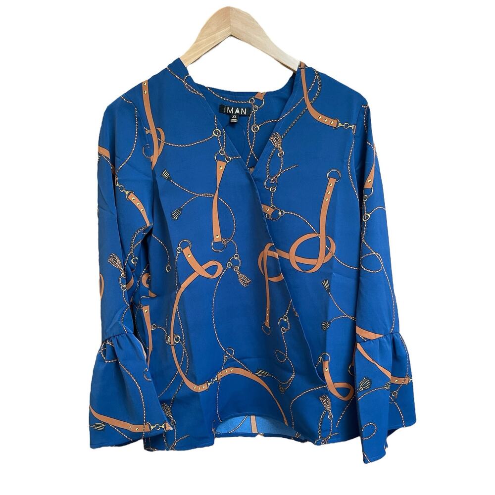 IMAN Global Chic Blue Wrap Blouse Size XS NWT - Picture 1 of 10